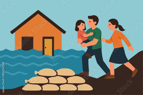 Flood Emergency Evacuation Flat Illustration

