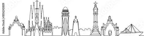Minimal black single-line illustration of Barcelona City skyline, isolated on white.