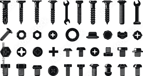 Set of hardware fasteners and mechanical parts icons, including screws, bolts, nuts, washers, and wrenches for industrial engineering, construction, and repair projects.