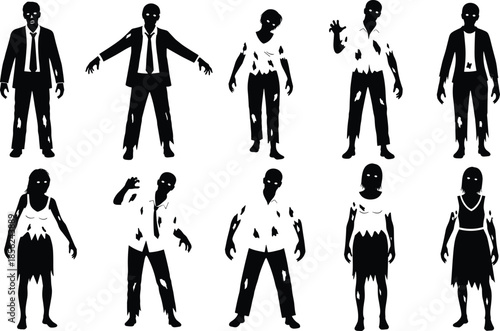 Set of scary zombie silhouettes in tattered clothes, featuring undead monsters walking and reaching in various creepy poses for Halloween and horror designs.