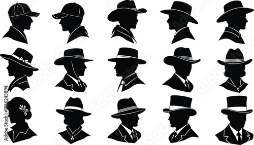 Set of silhouette head profiles wearing various hats including baseball caps, cowboy hats, fedoras, trilbies, and vintage top hats for fashion vector design