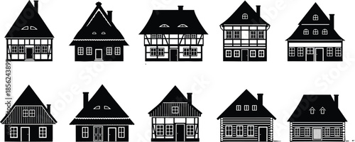 Set of traditional European half-timbered house silhouettes, historic cottage and village home vector icons isolated on white background for architecture design, illustration.
