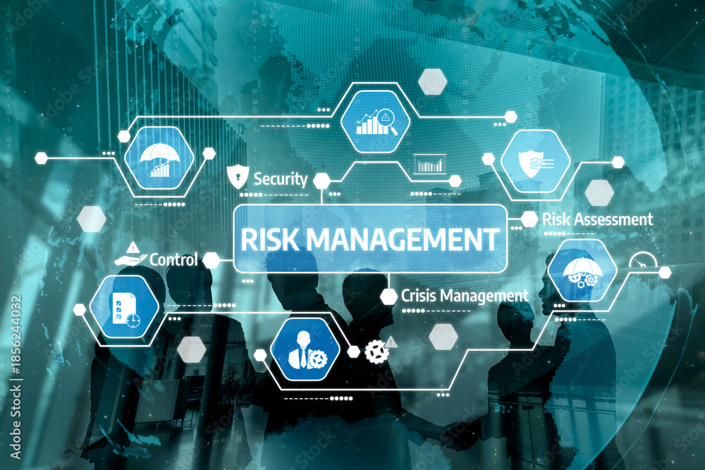 Obraz premium This image illustrates key concepts of risk management through various icons in a business environment, highlighting security, assessment, and control strategies. Tessel