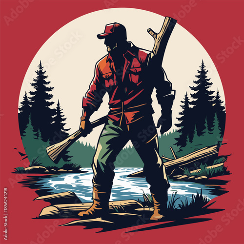 Illustration of a lumberjack, drawn in a bold American comic style with bold, expressive lines