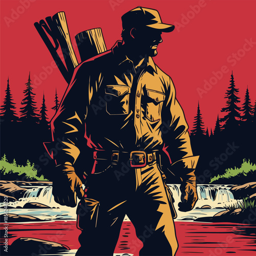 Illustration of a lumberjack, drawn in a bold American comic style with bold, expressive lines