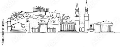 Minimal black single-line illustration of Athens City skyline, isolated