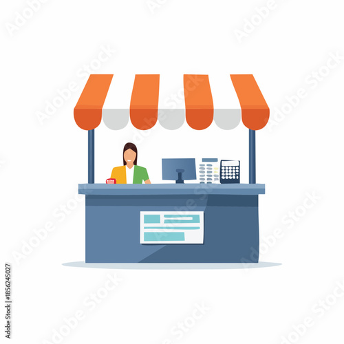 Market stall with seller cashier and computer Flat vector illustration