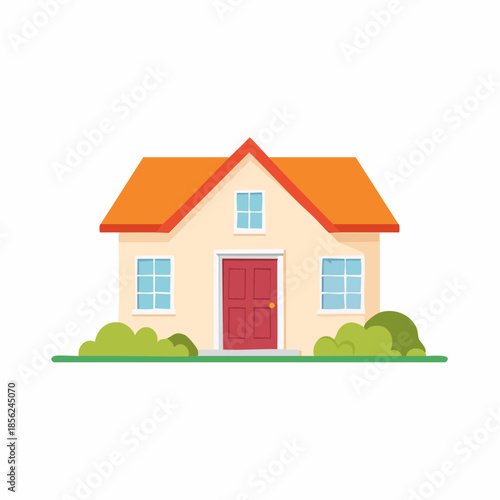 Stylized cozy home with an orange roof, manicured lawn, green bushes, and red door, a cartoon home design, architectural vector, design for real estate