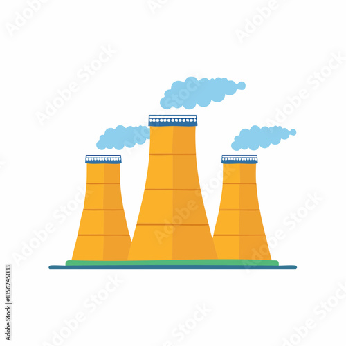 Simplified yellow factory with blue smoke, clean industrial plant with minimal vector flat illustration. Simple industrial building icon.