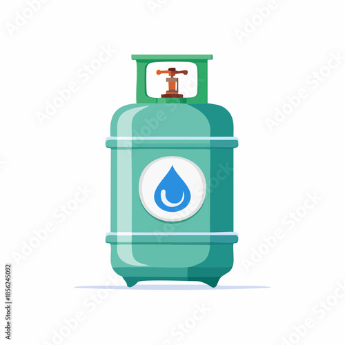 Green Metal Gas Cylinder Container with Valve and Water Drop Icon on White, for Fuel or Cooking