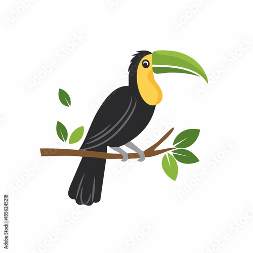 Vector illustration of toucan perching on a branch amidst leaves on a white background.