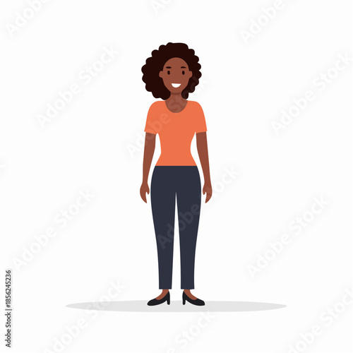 Cartoon woman with curly hair wearing orange shirt and dark pants, smiling