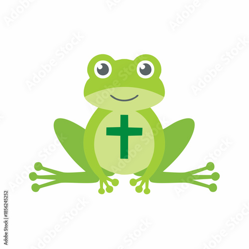 Cartoon Frog with Religious Cross on Stomach Against White Background