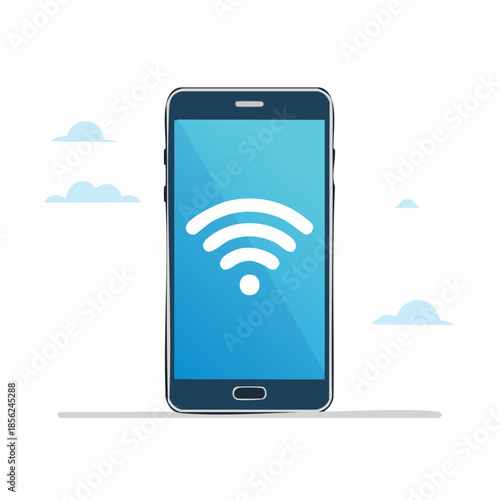 Smartphone displaying Wi-Fi connectivity signal with light blue screen and cloud elements for wireless internet connection