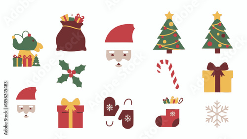 Christmas and New Year icon set with festive holiday symbols and decorations in a colorful vector style