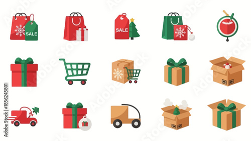 Christmas Gift Boxes and Decorations Icons Set