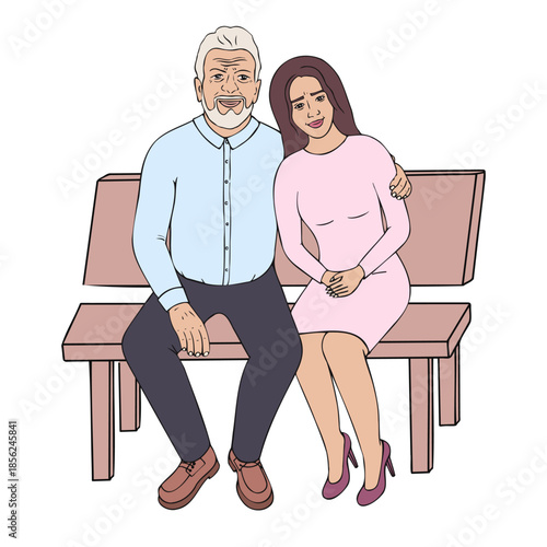 Elderly man and young girl are sitting on bench. Vector Illustration for printing, backgrounds and packaging. Image can be used for greeting cards, posters, stickers. Isolated on white background.