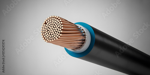 Close-up shot of power cable in cross-section showing copper strands and multilayer insulation.