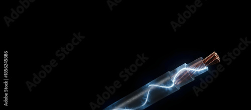 Close-up of copper power cable in transparent insulation with bright electrical discharge and sparks inside, symbolizing clean energy transfer, efficiency and modern technology.
