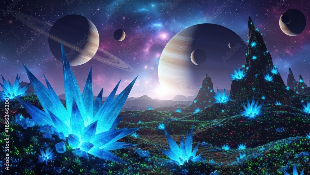 Obraz premium Alien planet landscape with glowing blue crystals, ringed planets, and nebula in a vibrant outer space scene