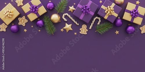 A festive Christmas greeting card design featuring gift boxes, ornaments, and candy canes on a purple background