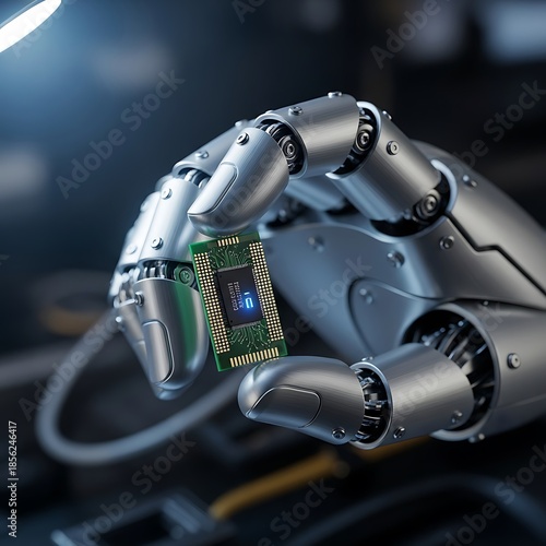 Robotic arm cradling advanced microchip symbolizes technology innovation