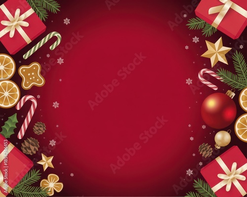 A festive Christmas greeting card design featuring gift boxes, candy canes, and ornaments on a red background
