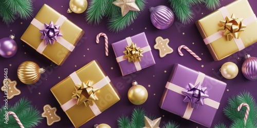 A festive Christmas greeting card design featuring gift boxes, candy canes, and ornaments on a purple background.