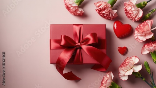 A beautifully wrapped gift box with flowers and hearts on a soft pastel background