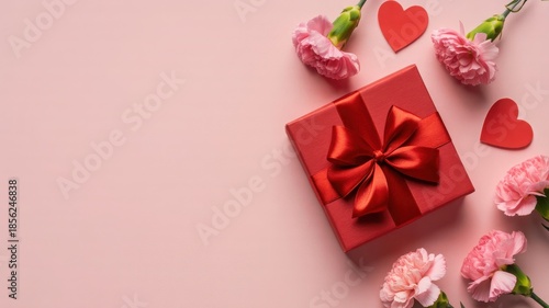 A beautiful red gift box with flowers and hearts on a pink background