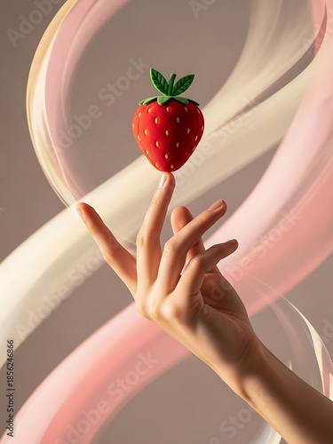 Strawberry equilibrium a hand balancing freshness with flowing background
