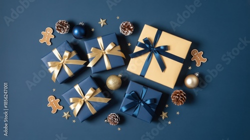 Elegant Gift Boxes and Decorations on a Blue Background