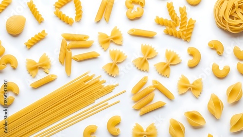 Varied pasta shapes arrangement on white surface for italian recipe