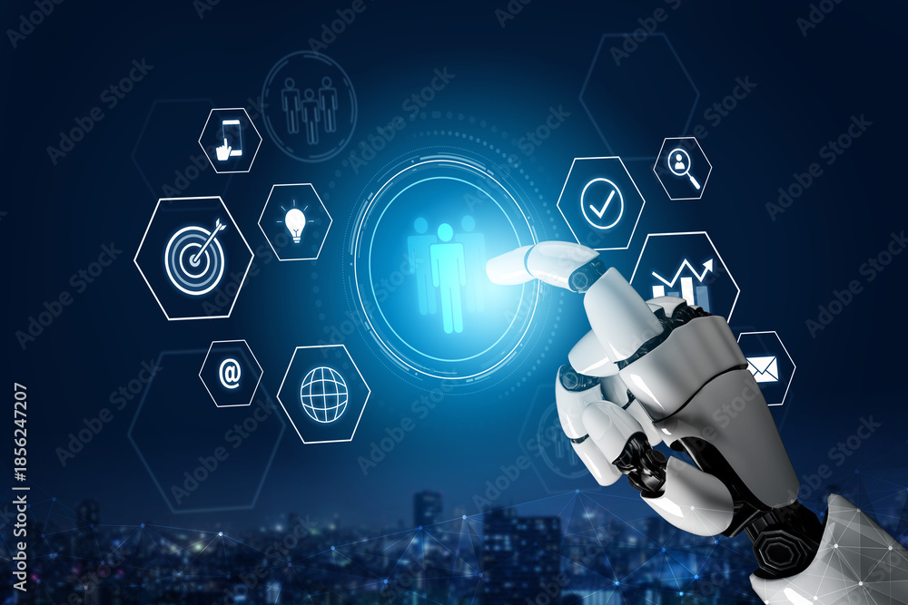 Fototapeta premium AI coordinating business teamwork, analyzing team communication, enhancing productivity, and aligning digital performance goals through structured collaboration systems. Vouch