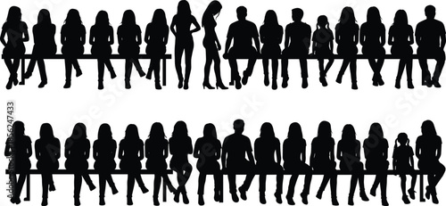 Silhouettes of people sitting and standing on benches, diverse postures, social interaction, lifestyle illustration, human form design artwork