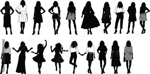 Silhouettes of women in stylish outfits, fashion poses, walking, dancing, standing, diverse clothing styles, modern lifestyle, artistic illustration