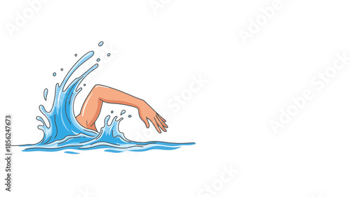 Dynamic illustration of a powerful swimmer's arm making a vigorous splash in refreshing blue water