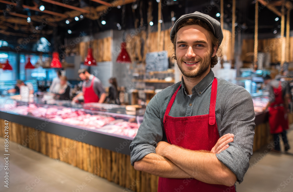 Obraz premium Handsome male butcher standing confidently with arms crossed in front of a meat counter at a market, wearing a gray shirt and red apron, smiling warmly