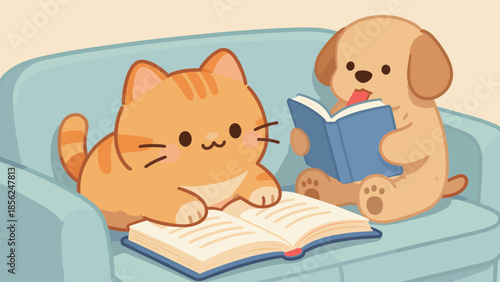 Cute Cat and Dog Reading Together on a Sofa