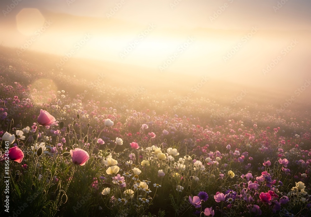 Fototapeta premium Mystical sunrise through fog over a field of springtime wildflowers