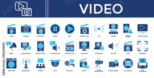 Video icon set collection. Containing scroll, operation, live, monitor, movie, news, performance .Solid vector icons collection