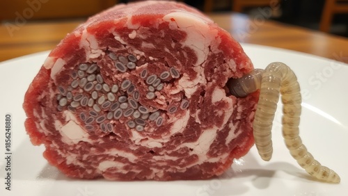 Disturbing raw meat with parasitic worms and eggs highlighting food safety concerns and health
