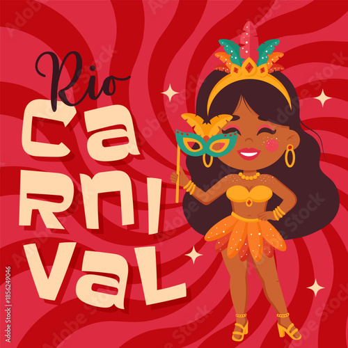 Rio carnival poster with cute samba dancer in bright colors. Flat design for Brazilian party, parade and music dance celebration. Vector illustration