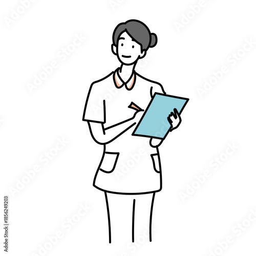 医療現場でカルテを確認し記録する看護師を描いたシンプルなイラスト素材｜病院業務や診療記録や患者管理をイメージしたヘルスケアのビジュアル表現