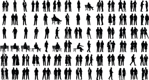 Silhouettes of people in various poses, walking, sitting, talking, standing, group interaction, social behavior, urban lifestyle, human posture grid