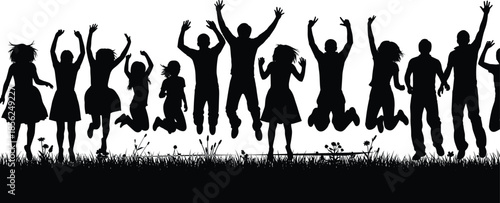 Silhouette of joyful people jumping together, children and adults, celebration scene, unity, happiness, outdoor activity, community lifestyle illustration