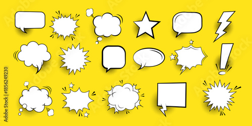 Collection of empty comic speech bubbles with halftone shadows. Hand drawn retro cartoon stickers. Pop art style. Vector illustration.