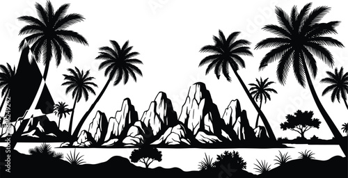 Tropical landscape silhouette, desert pyramid illustration, palm trees vector, mountain peaks art, exotic scenery design, black white nature background