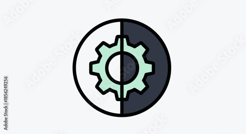 A circular icon with a gear inside a split circle, one half light, the other dark