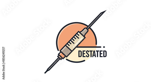 Stylized illustration of a syringe over a circle, text "DESTATED" below